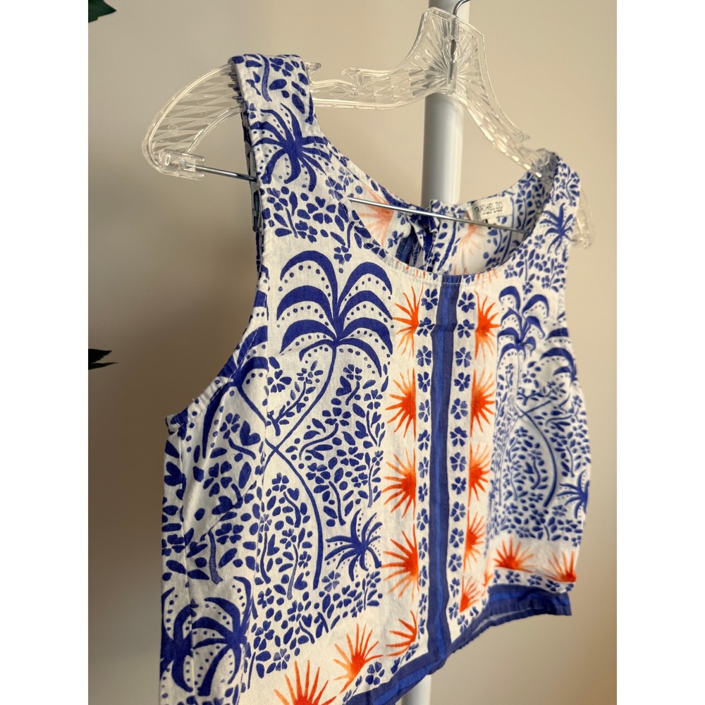 Rachel Zoe Blue Orange Palm Tree Sun Print Linen Blend Crop Tank Top Medium - Picture 4 of 8